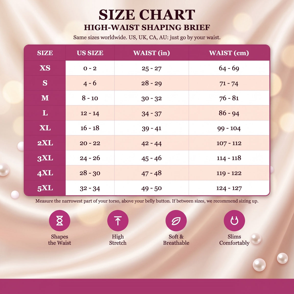 Lindalia High-Waist Sculpt Shaping Brief, size chart XS to 5XL