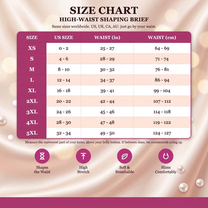 Lindalia High-Waist Sculpt Shaping Brief, size chart XS to 5XL