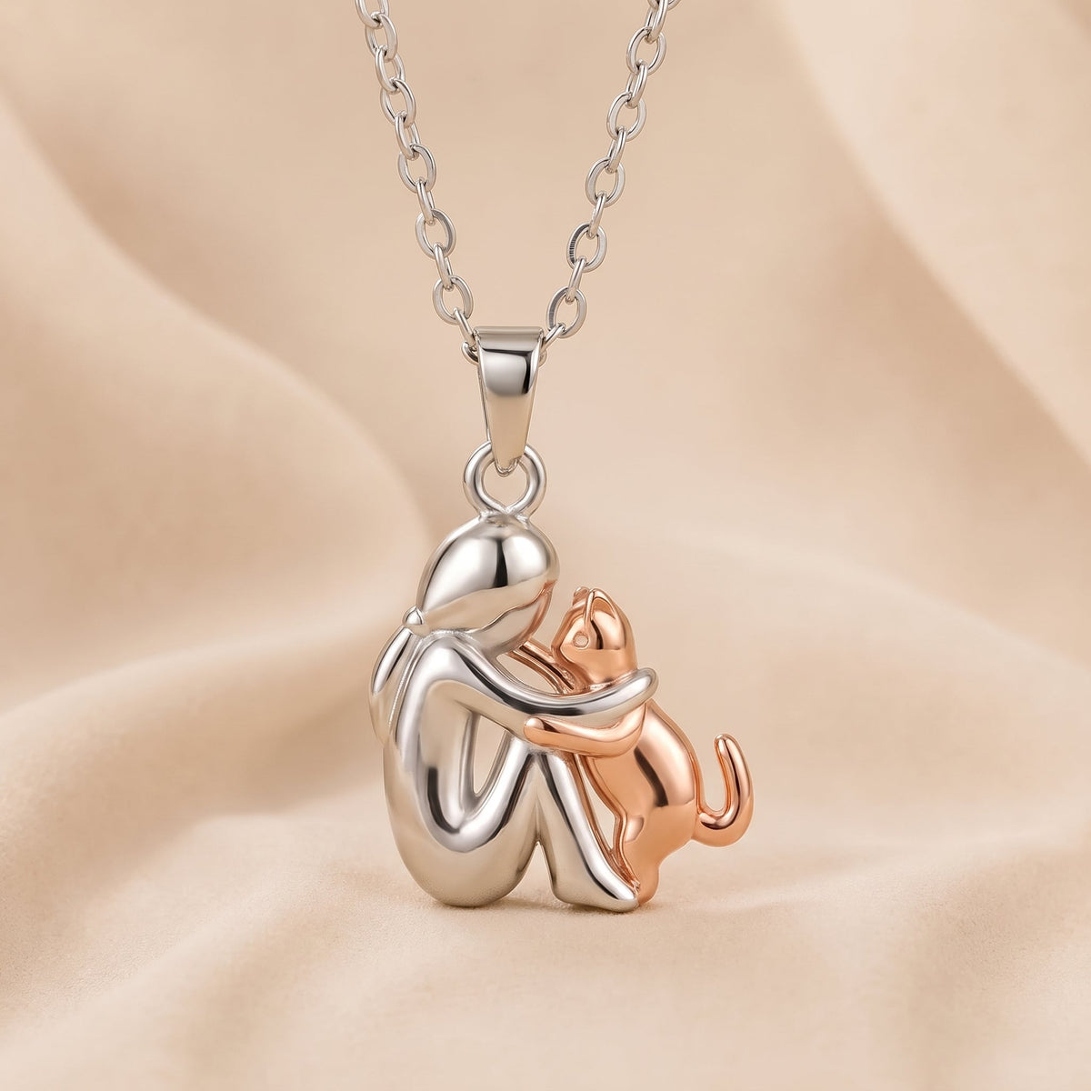 Lindalia Eternal Hug Pet Necklace, Woman and Cat, Rose Gold