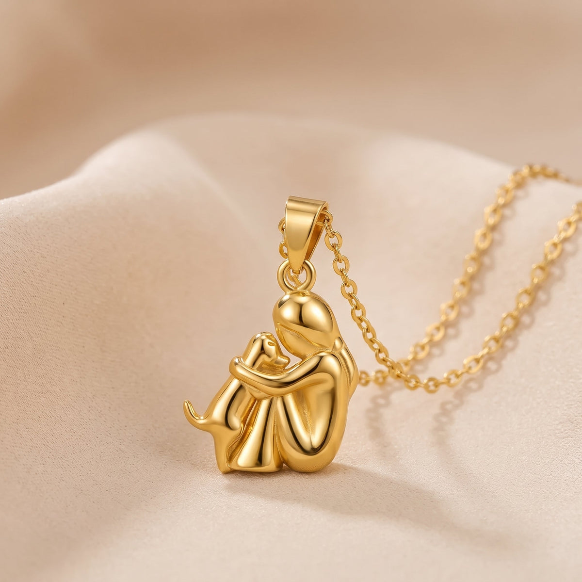 Lindalia Eternal Hug Pet Necklace, Woman and Dog, Full Gold