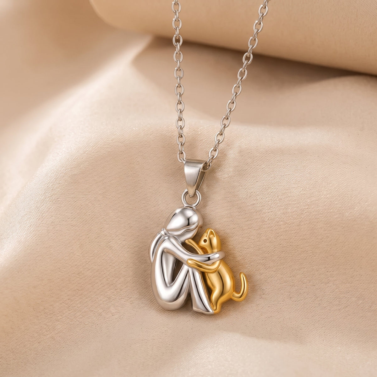 Lindalia Eternal Hug Pet Necklace, Woman and Cat, Gold