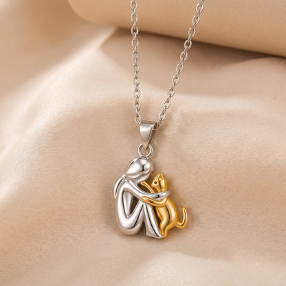 Lindalia Eternal Hug Pet Necklace, Woman and Cat, Gold
