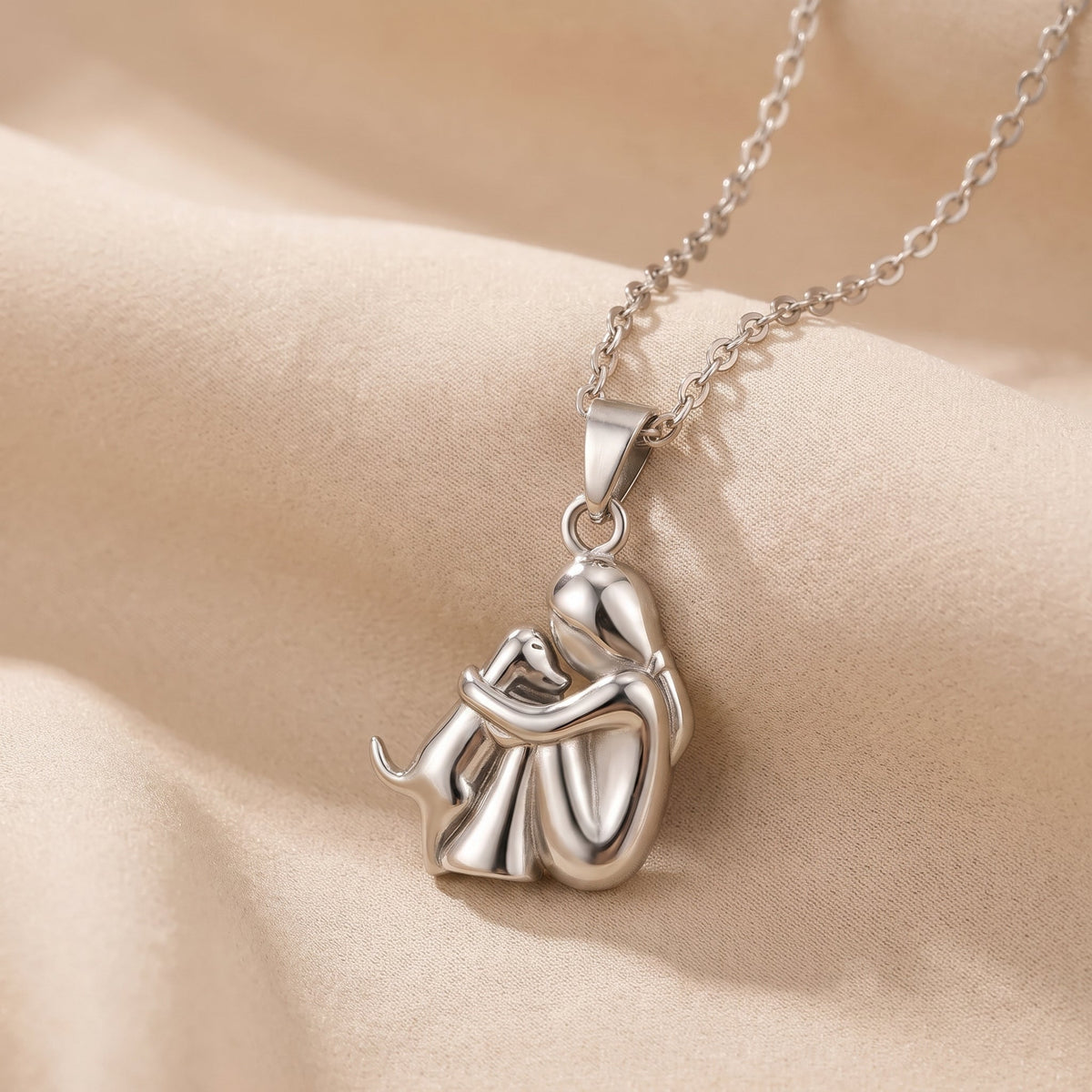 Lindalia Eternal Hug Pet Necklace, Woman and Dog, Silver