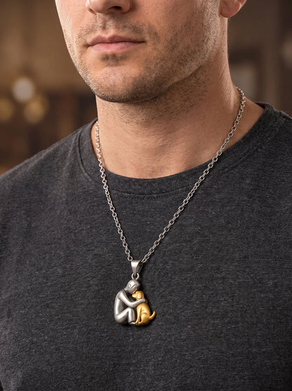Man wearing the Lindalia Eternal Hug Pet Necklace, dog edition