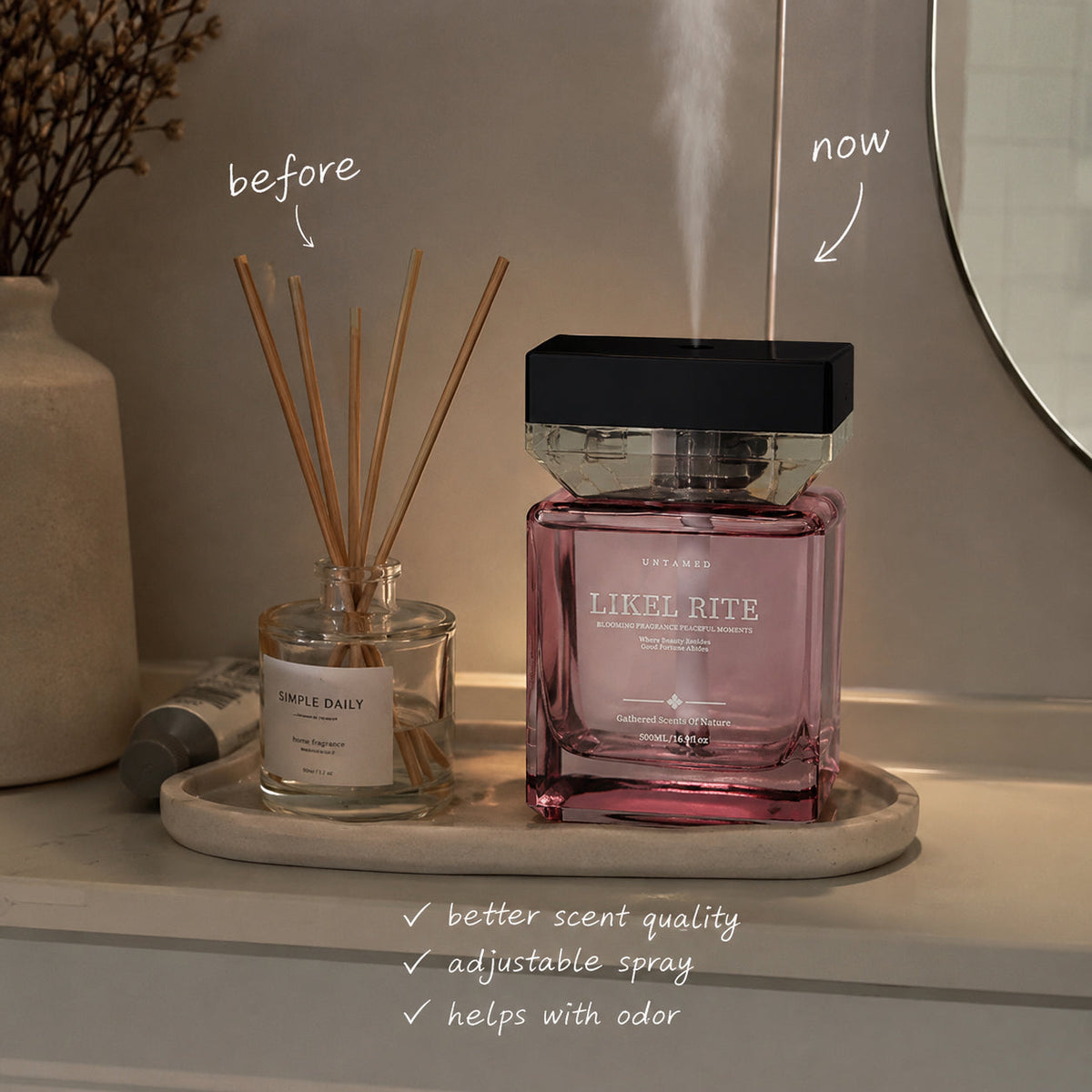 Lindalia Luxury Scented Mist Diffuser, even mist versus a reed diffuser