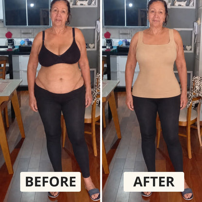 Lindalia built-in bra shaper tank, before and after front