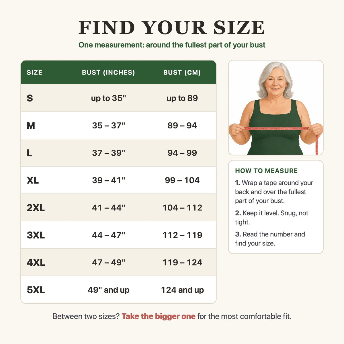 Built-In Bra Comfort Shaper Tank size guide, S to 5XL