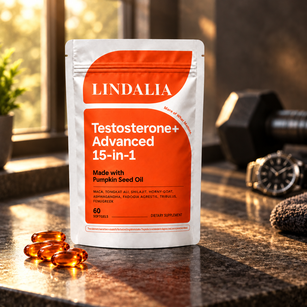 Lindalia Testosterone+ Advanced softgels on a counter